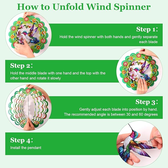 FACIACC Wind Spinners Outdoor,Hummingbird Metal 3D Hanging Garden Decor, 12-inch Stainless Steel Wind Spinner with Tail Spinner, Wind Sculptures for Indoor Patio Lawn Yard, Ornament Gift for Women/Men