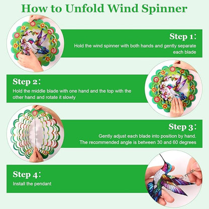 FACIACC Wind Spinners Outdoor,Hummingbird Metal 3D Hanging Garden Decor, 12-inch Stainless Steel Wind Spinner with Tail Spinner, Wind Sculptures for Indoor Patio Lawn Yard, Ornament Gift for Women/Men