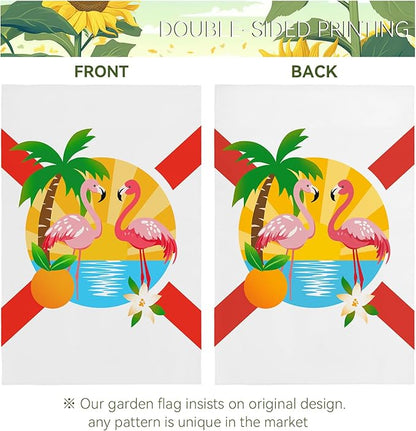 Florida Garden Flag Outdoor with Flamingos Palm Tree Orange Blossom Sunset Tropical Beach Scene House Banner Welcome Summer Spring Yard Porch Patio Seasonal Decoration Miami Vibes 12x18 Inch