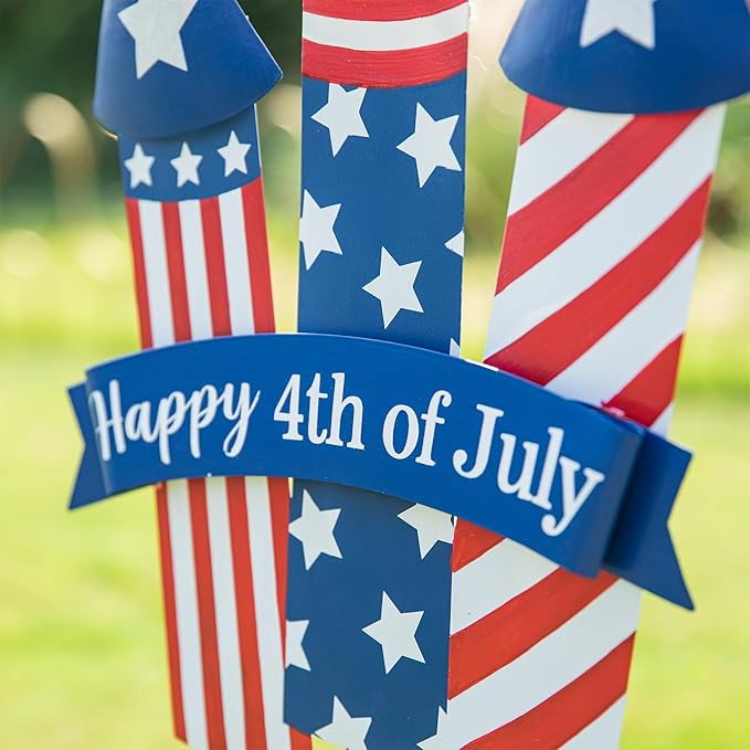 Glitzhome 30" H Patriotic Firecracker Yard Stake or Wall Décor,Happy 4th of July American Rocket Garden Sign for Independence Day Outdoor Lawn Patio Decor