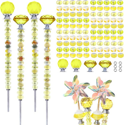 101 PCS Beaded Garden Stakes Kit, DIY Fairy Wand Garden Stake Beads Kits with Yellow Large Hole Beads 4 Crystal Stopper Top Threaded Rods and 2 Colored Small Windmills for Outdoor Indoor Decor