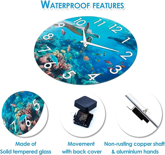Crosstime 14 Inch Outdoor Clock Waterproof - Sea Turtle Underwater Blue Ocean Coastal Decor Outdoor Wall Clocks Battery Operated Silent for Patio, Pool, Garden