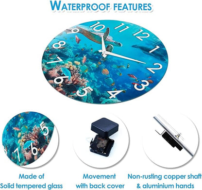 Crosstime 14 Inch Outdoor Clock Waterproof - Sea Turtle Underwater Blue Ocean Coastal Decor Outdoor Wall Clocks Battery Operated Silent for Patio, Pool, Garden