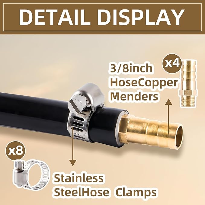 3/8 Inch Self Sinking Aeration Hose,66 Feet Weighted Pond Aerator Hose Kit 8 Stainless Steel Hose Clamps and 4 Menders (66FT)