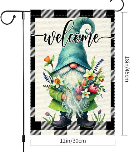 Welcome Spring Summer Gnome Garden Flag Colorful Floral Buffalo Plaid Garden Flags Small Burlap Lawn Seasonal Wildflowers Home Flags Outside Yard 12x18 Inch Double Sided