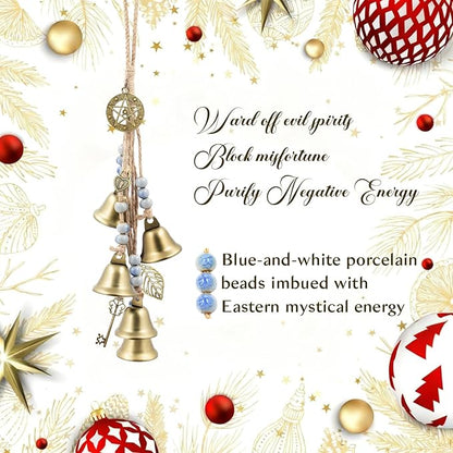 Witch Bells Protection for Door Knob, 13" Hanger Wind Chimes, Christmas Bells for Witchy Home Decor, Witchy Things Clear Negative Energy Witchcraft Supplies (Blue-and-White Porcelain)