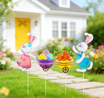 2 Pack Easter Bunny and Egg Lawn Stakes - Spring Bunny Yard Stakes with Metal Stakes for Easter Outdoor Yard Decor Easter Patio Stakes