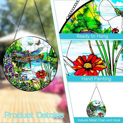 Dragonfly Suncatcher Stained Glass Window Hanging - 8″ Handmade Butterfly Wildflowers Suncatchers for Windows Hanging - Sun Catchers Indoor Wall Decor Glass Art Panel Mothers Day for Mom Grandma Gift