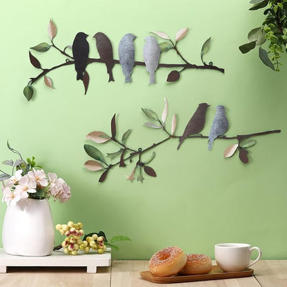 Demissle 2 Pcs Metal Birds Wall Art Decor Vivid Birds on Branch with Leaves Rustic Wall Decor Waterproof Metal Sculpture Hanging Sign for Home Balcony Garden Indoor Outdoor(Retro Colors)