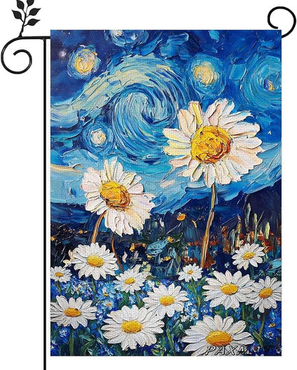 Spring Summer Garden Flag 12x18 Inch Double Sided Starry Night Daisy Flowers Small Burlap Yard Flag Seasonal Farmhouse Outdoor Outside Decoration