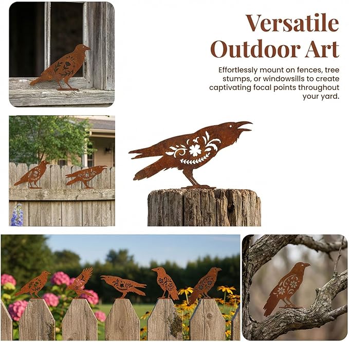AIM & GGKK Rusty Metal Birds Yard Decor, Set of 5 Metal Bird Silhouette Statues for Garden Fence Yard Art, Rustic Outdoor Garden Sculptures Decorations