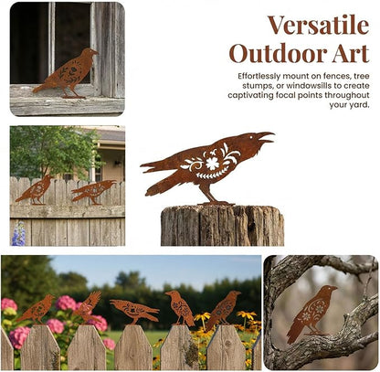 AIM & GGKK Rusty Metal Birds Yard Decor, Set of 5 Metal Bird Silhouette Statues for Garden Fence Yard Art, Rustic Outdoor Garden Sculptures Decorations