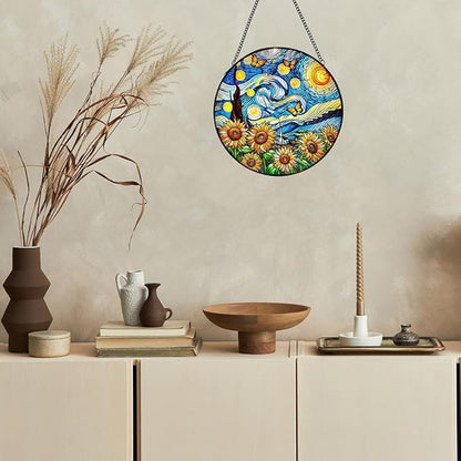 Sunflower Starry Sky Stained Glass Window Hanging,7.87inch Sun Catchers Glass Panel with Chain, Ornament for Home, Garden, Christmas, Mother’s Day, Housewarming Gifts for New Home, Festival Gift