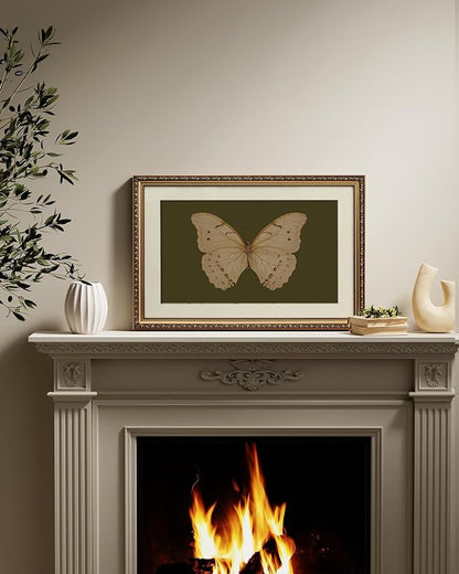 ARPEOTCY Vintage Gold Framed Large Wall Art, Classical White Butterfly Paintings, Dark Moody Green Canvas Prints Artwork with Antique Frame, Victorian Wall Decor for Gallery Living Room 16x24 inch