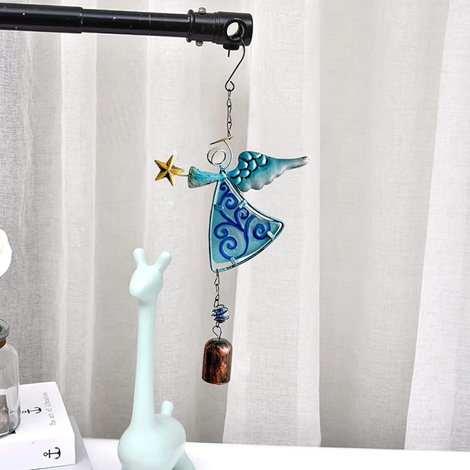 MrMrKura Metal Angel Wind Chime Hanging Decoration Ornament With Wing and Bell - Decorative Hanging Bells, Gifts for Home Garden Decor Crafts (Blue)