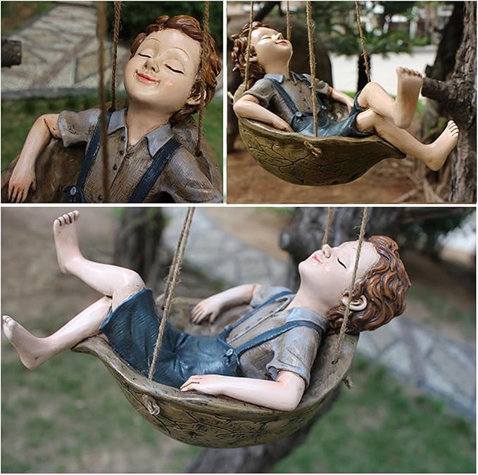 Swing Statue Tree Hanging Ornament Sleeping Boy Look Swinging Figurine Sculpture Decor for Outdoor Garden Courtyard