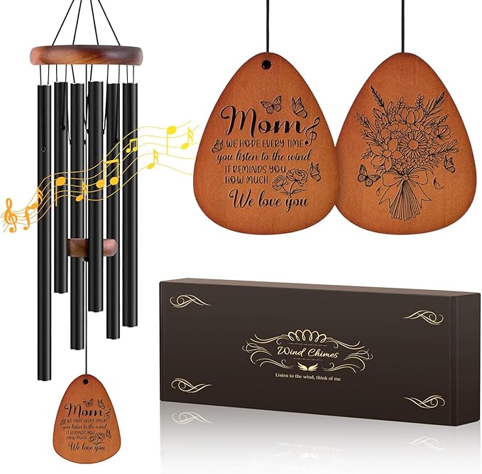 Memorial Sympathy Gifts for Loss of Mother, Memorial Wind Chimes for Loss of Mother Sympathy Gift, Bereavement Gifts for Loss of Mom, Windchimes in Memory of Mom Gold-MOM& Flower
