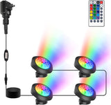 RGBW Pond Lights with Timer, 18 LED Super Bright Underwater Submersible Fountain Lights Color Changing Spotlights, Remote Control IP68 Waterproof for Fish Aquarium Tank Pool Garden(Set of 4)