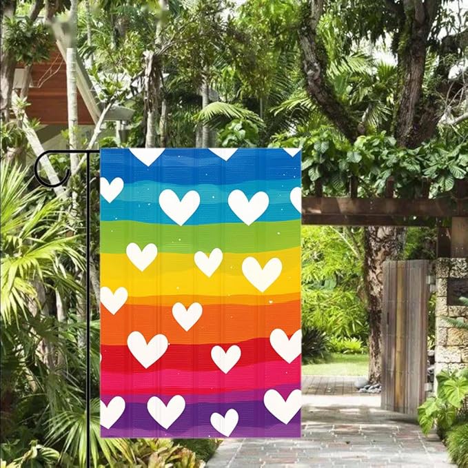 Gkyygk Garden Flag Rainbow Heart LGBT Double Sided 12x18 Inch Banners Welcome Yard House Outside Outdoor Summer Decoration