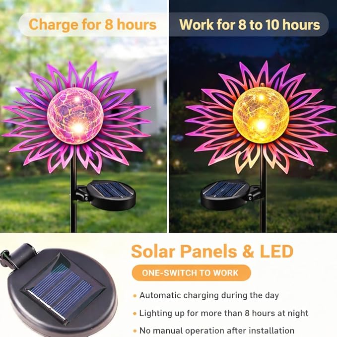 Solar Garden Lights Outdoor Decor, Metal Flower Solar Stake Light with Warm White Crackle Glass, Waterproof Yard Art Ornament for Patio Lawn Backyard, Unique Gardening Gifts for Women (Purple)