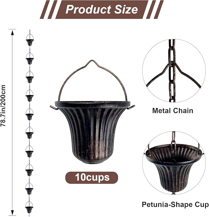 Lotus Rain Chain, 6.5FT Rain Chain Gutters, Adjustable Rain Catcher Chain with 10 Cups, Rain Chain Downspouts for Outdoor Gutter (Small Cup)