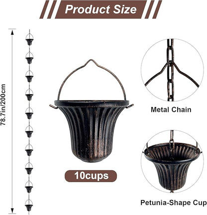 Lotus Rain Chain, 6.5FT Rain Chain Gutters, Adjustable Rain Catcher Chain with 10 Cups, Rain Chain Downspouts for Outdoor Gutter (Small Cup)