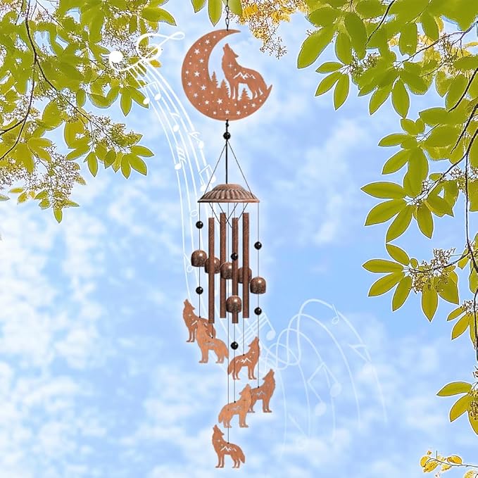 OLYCRAFT Howling Wolf Wind Chimes Moon Star Iron Bells Memorial Chimes Decorative Metal Bell Creative Hanging Pendants Forest Wind Catcher Wolf Dream Catcher for Home Patio Garden Yard Wedding Decor