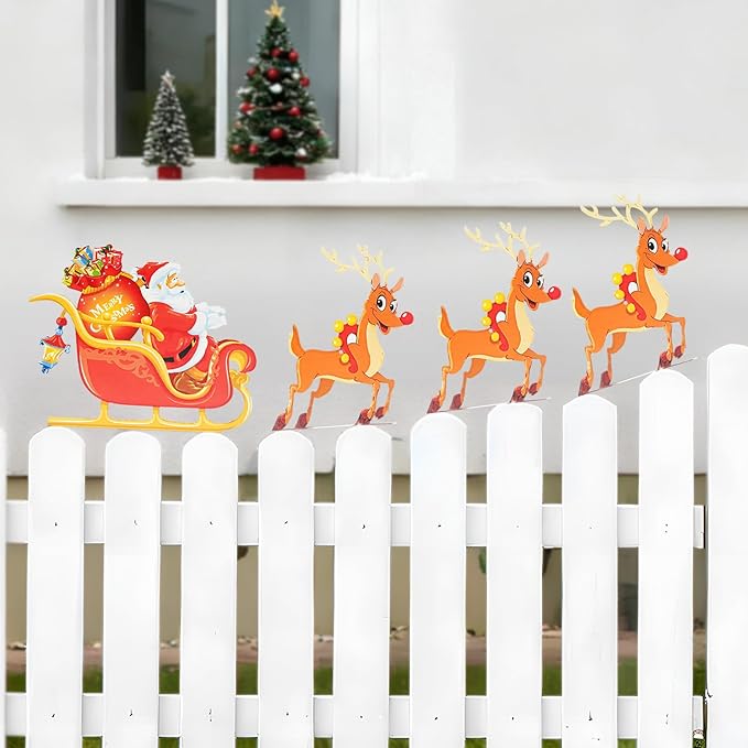 Christmas Decorations Outdoor Metal Yard Sign Santa & Deer Weatherproof Fence Decor Lawn Sign for Holiday Porch, Garden & Home Decorations Art Ornament