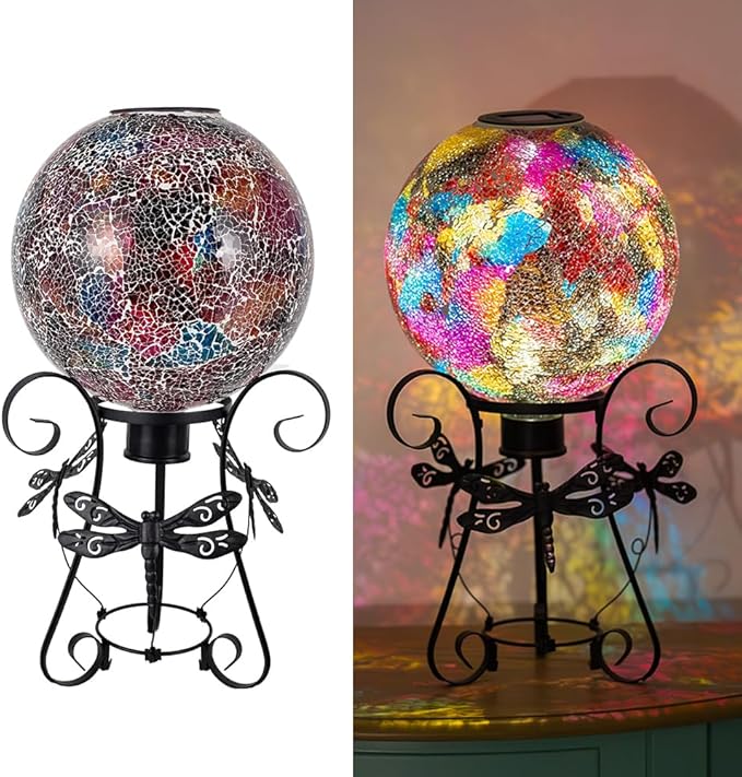 Stargarden Solar Gazing Ball, 10" Mosaic Gazing Ball,Glass Gazing Globe with Metal Stand, Decorative Solar Globes for Patio, Lawn, Garden Decor(Red)