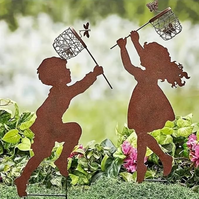 Metal Garden Sculpture Boy Girl Art Silhouette Garden Decor Stakes Iron Outdoor Statues Halloween Yard Decoration (Boy-Large)