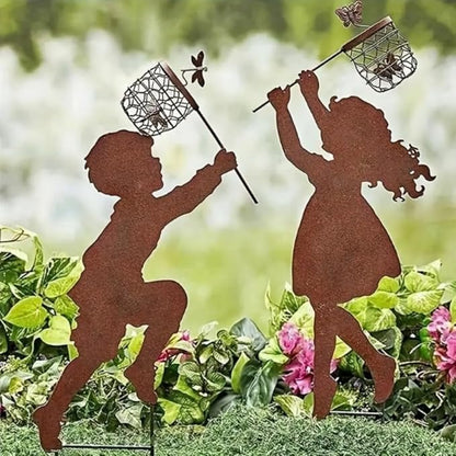 Metal Garden Sculpture Boy Girl Art Silhouette Garden Decor Stakes Iron Outdoor Statues Halloween Yard Decoration (Boy-Large)