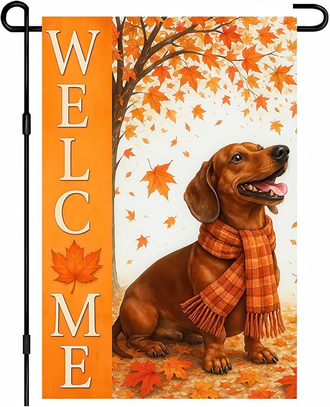 BlissYard Thanksgiving Fall Garden Flag 12x18 Inch Welcome Dachshund Outdoor Flag Double Sided Autumn Yard Banner with Dog and Maple Leaves for Porch Lawn Patio Seasonal Decor