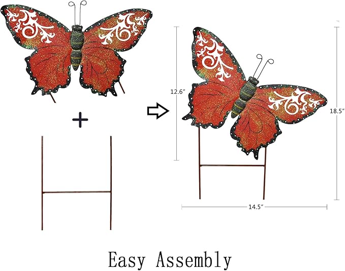 Aecipl Garden Decor Metal Butterfly Stakes Yard Sign Decorative Lawn Art Indoor Outdoor Plant Stake Patio Porch Pathway Backyard Decoration (Red)