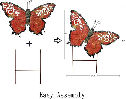 Aecipl Garden Decor Metal Butterfly Stakes Yard Sign Decorative Lawn Art Indoor Outdoor Plant Stake Patio Porch Pathway Backyard Decoration (Red)