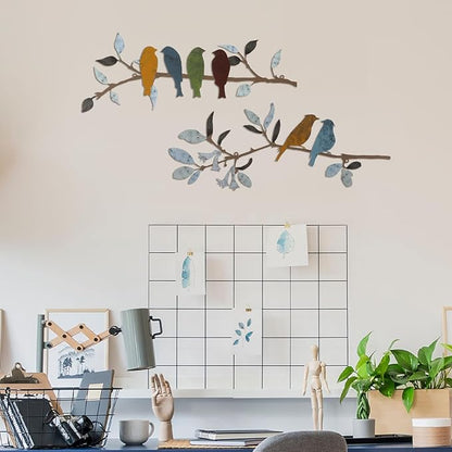 Demissle 2 Pcs Metal Birds Wall Art Decor Vivid Birds on Branch with Leaves Rustic Wall Decor Waterproof Metal Sculpture Hanging Sign for Home Balcony Garden Indoor Outdoor(Stylish Colors)