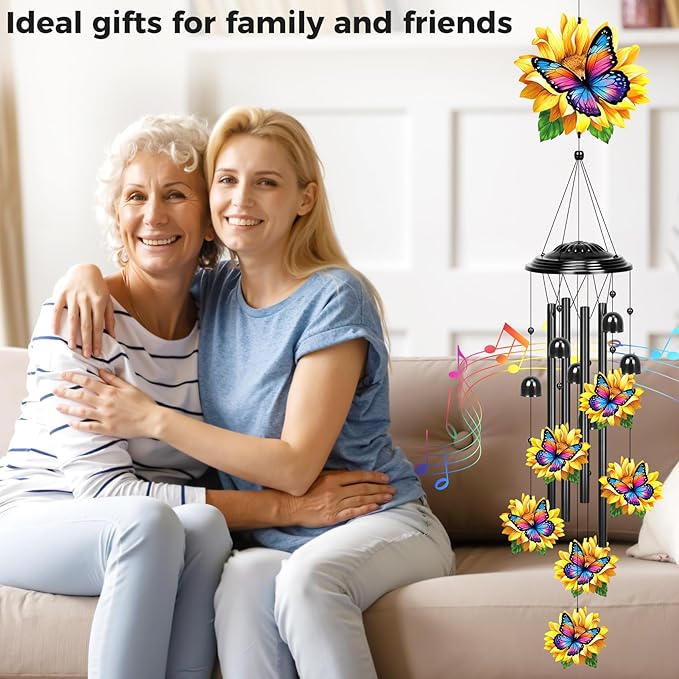 YHmall Sunflower Butterfly Gifts for Women, 35 in Wind Chimes for Outside Mothers Day Gardening Gifts for Mom Colorful Metal Memorial Wind Chime Butterfly Decor for Home Yard Patio Garden Outdoor