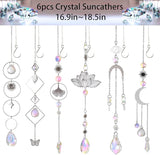 Sun Catchers, 6 Pieces Colorful Suncatchers Decorative Hanging Clear Crystal Prism Rainbow with Silver Moon Sun Metal Forms Suncatcher Kit for Window Indoor Outdoor Car Mirror Decor Xmas Gift
