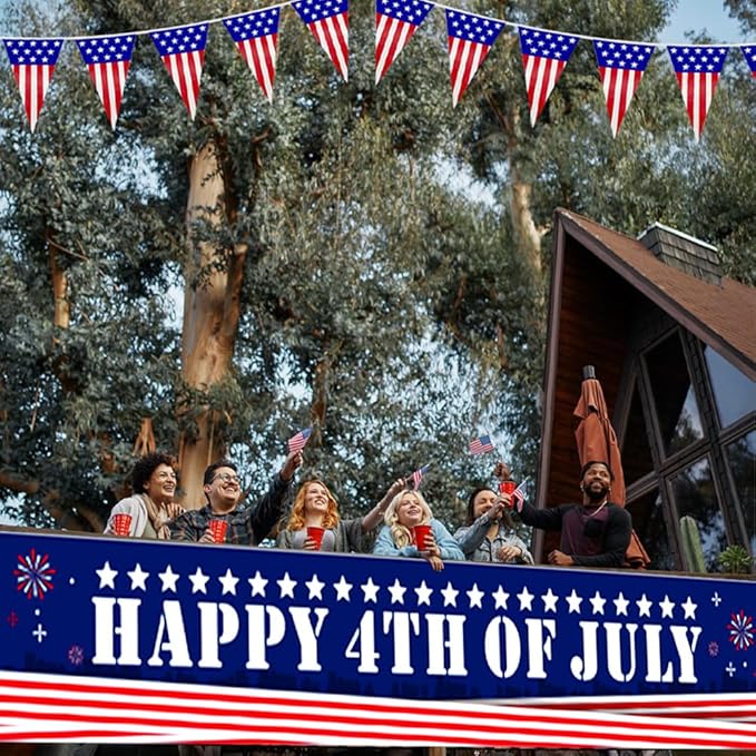 Happy 4th of July Banner 20 * 120inch Decorations Outdoor Patriotic Yard Sign Party Supplies Red White and Blue Stars USA Independence Day Backdrop for Outside Indoor Fence Balcony Garden Decorations