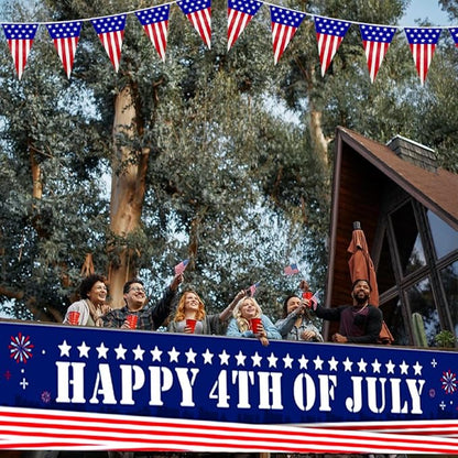 Happy 4th of July Banner 20 * 120inch Decorations Outdoor Patriotic Yard Sign Party Supplies Red White and Blue Stars USA Independence Day Backdrop for Outside Indoor Fence Balcony Garden Decorations