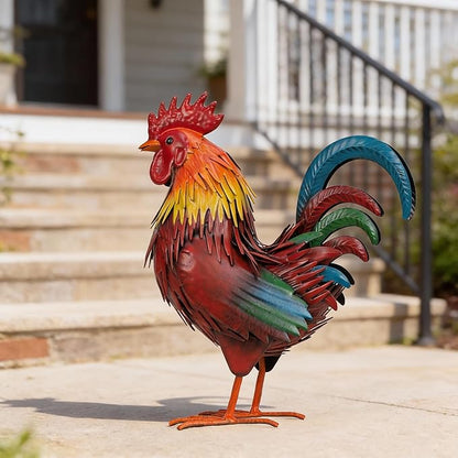 Ratuor Rooster Garden Statue Sculpture Metal Chicken Yard Decor Outdoor Figurines Patio Backyard Decoration (red)