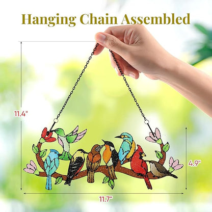 Huray Rayho Stained Glass Sun Catcher Birds On Branch for Indoor Window Hanging, Hand-Painted and Double Side with Gift Packaging, Hummingbird Gifts for Bird Lovers Mom Grandma, Bird Decor Ornament