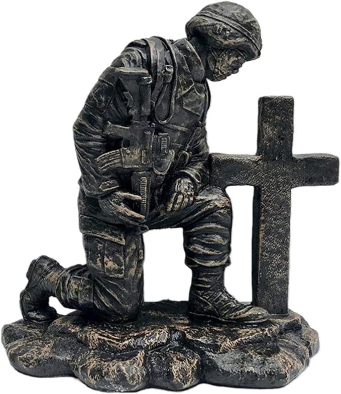 Soldier at Cross Concrete Statue – 22" H x 20" W x 11" D – Military Memorial Garden Statue – Outdoor Patriotic Decor – Made in USA – 71 lbs- Autumn Brown Stain Color