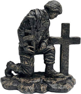 Soldier at Cross Concrete Statue – 22" H x 20" W x 11" D – Military Memorial Garden Statue – Outdoor Patriotic Decor – Made in USA – 71 lbs- Autumn Brown Stain Color