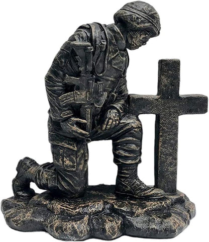 Soldier at Cross Concrete Statue – 22" H x 20" W x 11" D – Military Memorial Garden Statue – Outdoor Patriotic Decor – Made in USA – 71 lbs- Autumn Brown Stain Color