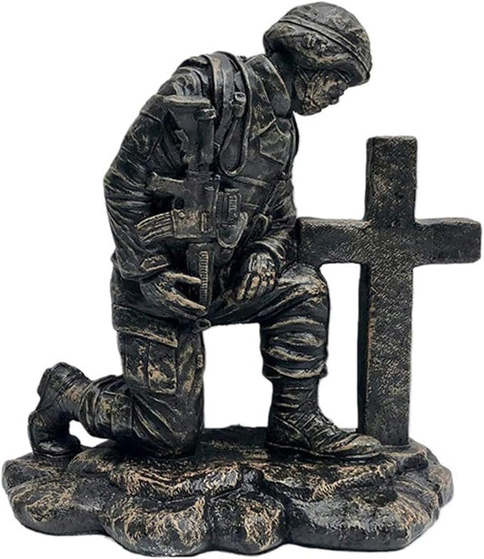 Soldier at Cross Concrete Statue – 22" H x 20" W x 11" D – Military Memorial Garden Statue – Outdoor Patriotic Decor – Made in USA – 71 lbs- Autumn Brown Stain Color