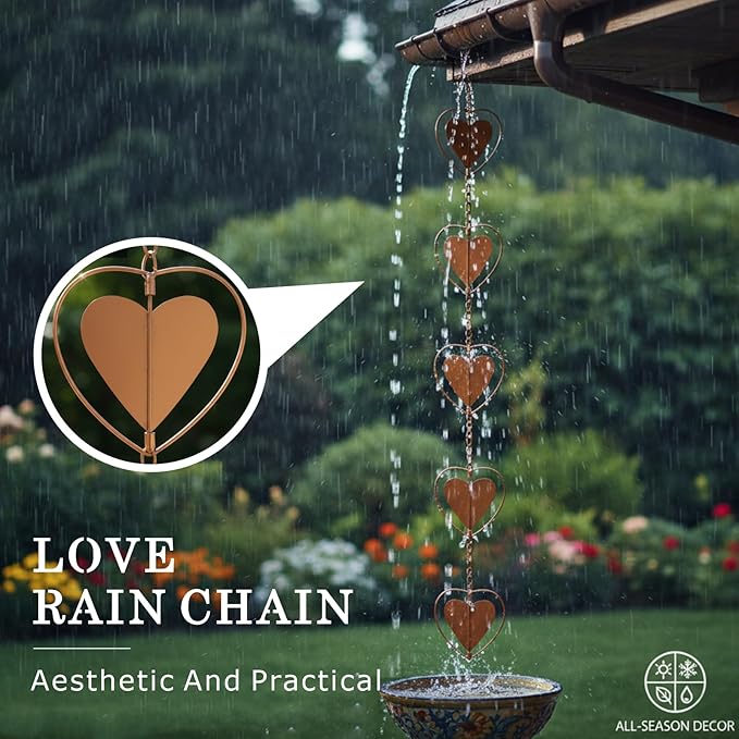 Metal Love Rain Chain for Gutters, Rust Resistant Outdoor Rain Catcher, Perfect for Heavy Rain, Indoor/Outdoor Decoration, Dark Bronze Finish