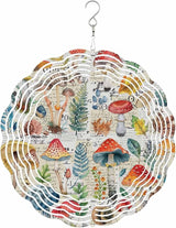 Stainless Steel Wind Spinner for Yard Garden Decoration, Watercolor Mushroom Plant Hand Drawn Retro Round Wind Sculpture Spinner 3D Crafts Hanging Ornaments for Indoor Outdoor, 8 Inch