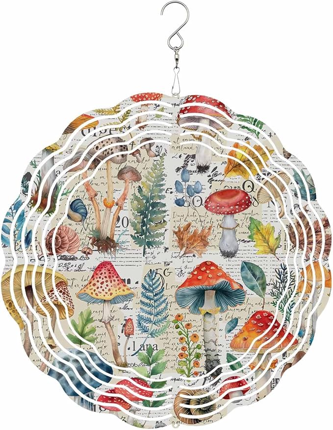 Stainless Steel Wind Spinner for Yard Garden Decoration, Watercolor Mushroom Plant Hand Drawn Retro Round Wind Sculpture Spinner 3D Crafts Hanging Ornaments for Indoor Outdoor, 8 Inch