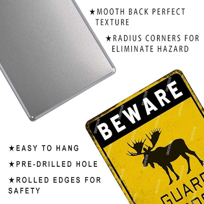 snowsun Beware Guard Moose on Duty Funny Metal Signs Vintage Tin Sign for Home Yard Farm Street Fence Wall Decoration 8×12 Inches