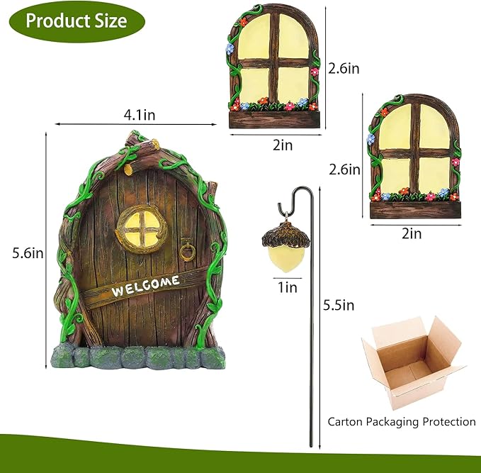 Fairy Door and Windows for Trees Outdoor, Glow in The Dark Fairy Doors Miniature Fairy Garden Accessories, Yard Art Sculpture Decoration Fairy Garden Decor with Lantern for Outside, Patio